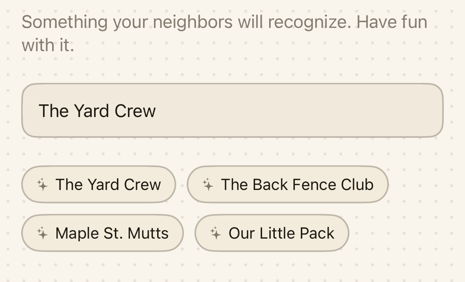 The group-name screen in YardTime, with "The Yard Crew" typed in and a row of name suggestions below it