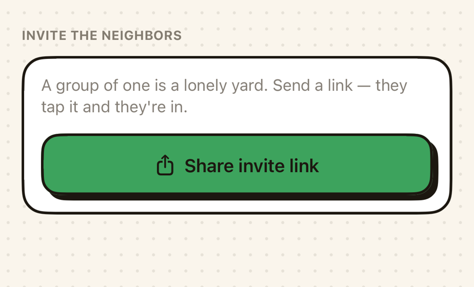YardTime's invite card, a single green Share invite link button