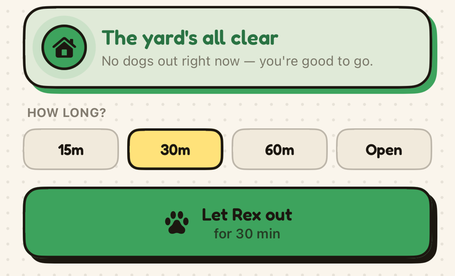 YardTime showing the yard is all clear, a 15/30/60/Open timer picker, and a big Let Rex out button
